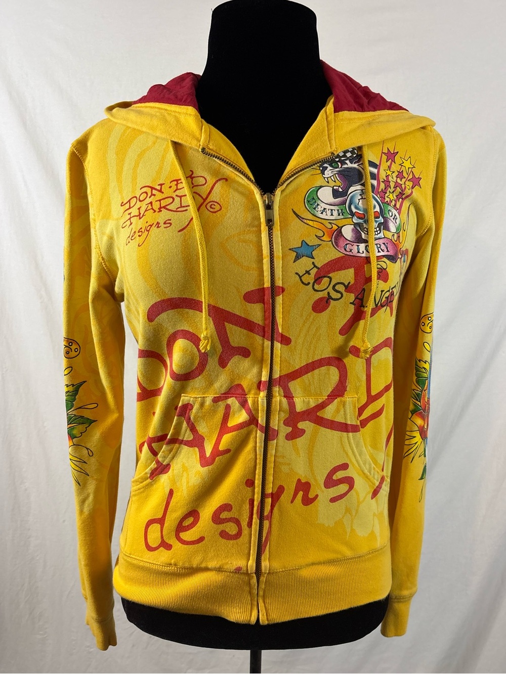 Vintage Ed Hardy Death or Glory Japan Yellow Full Zip Hoodie Y2K Tattoo Women’s